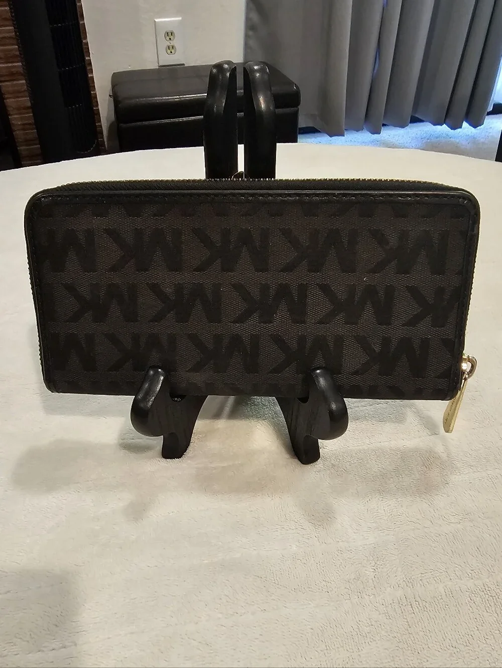 Michael Kors Black MK Logo Zip Wallet with Gold Plaque EUC